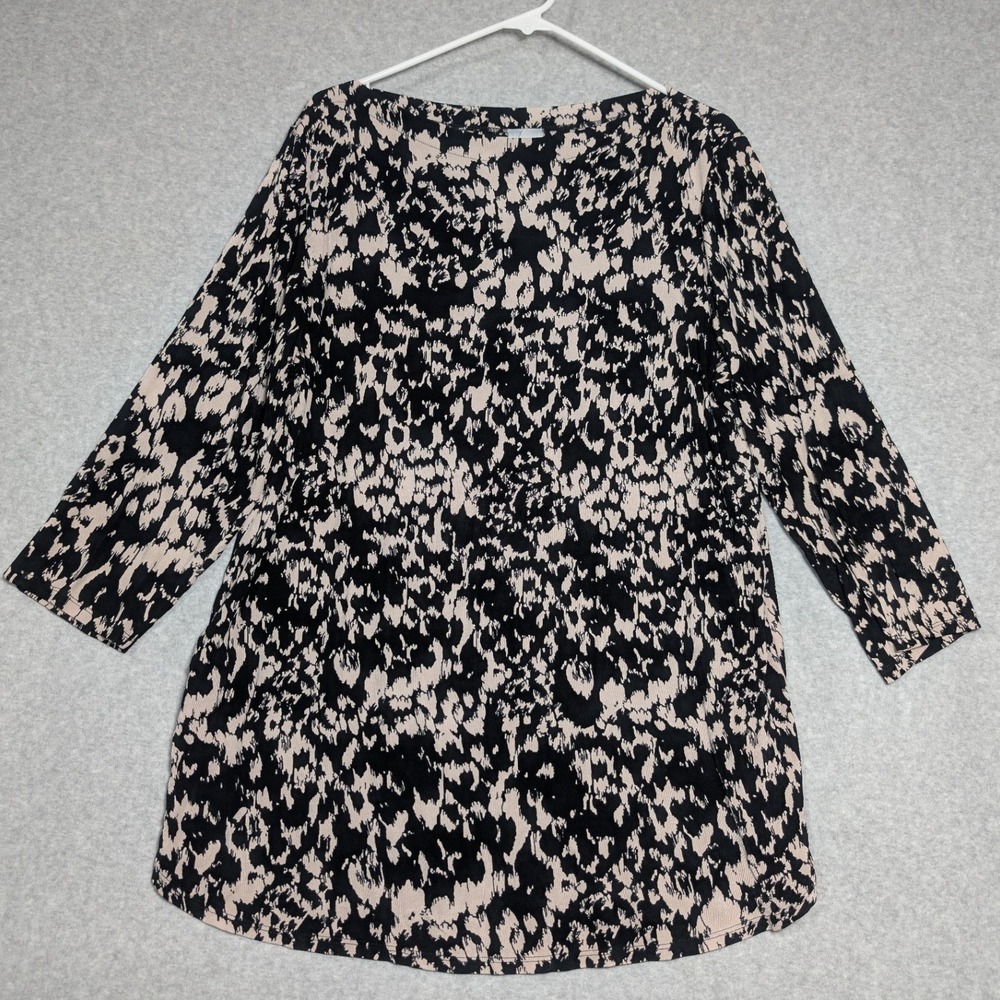 Chicos Travelers Size 16/18 Tunic Top Abstract Print Black Tan Slinky 3/4 Sleeve